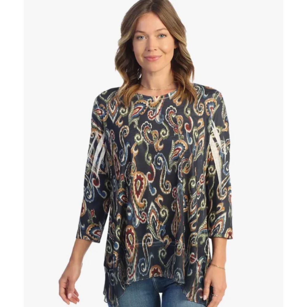NEW Jess & Jane Paisley Tunic Top Bohemia 3/4‎ Sleeve USA Made Small